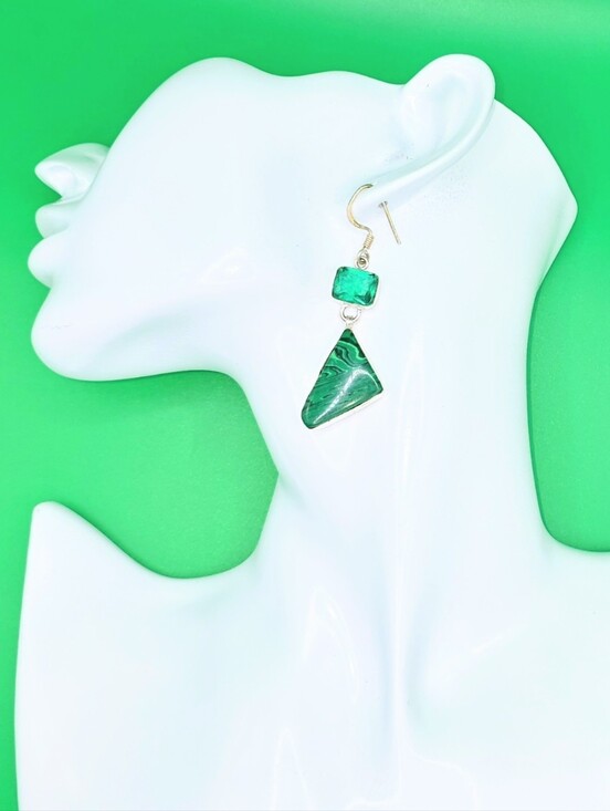 Malachite & Chrome Diopside Art Deco Earrings In 925 Sterling Silver (2.5\
